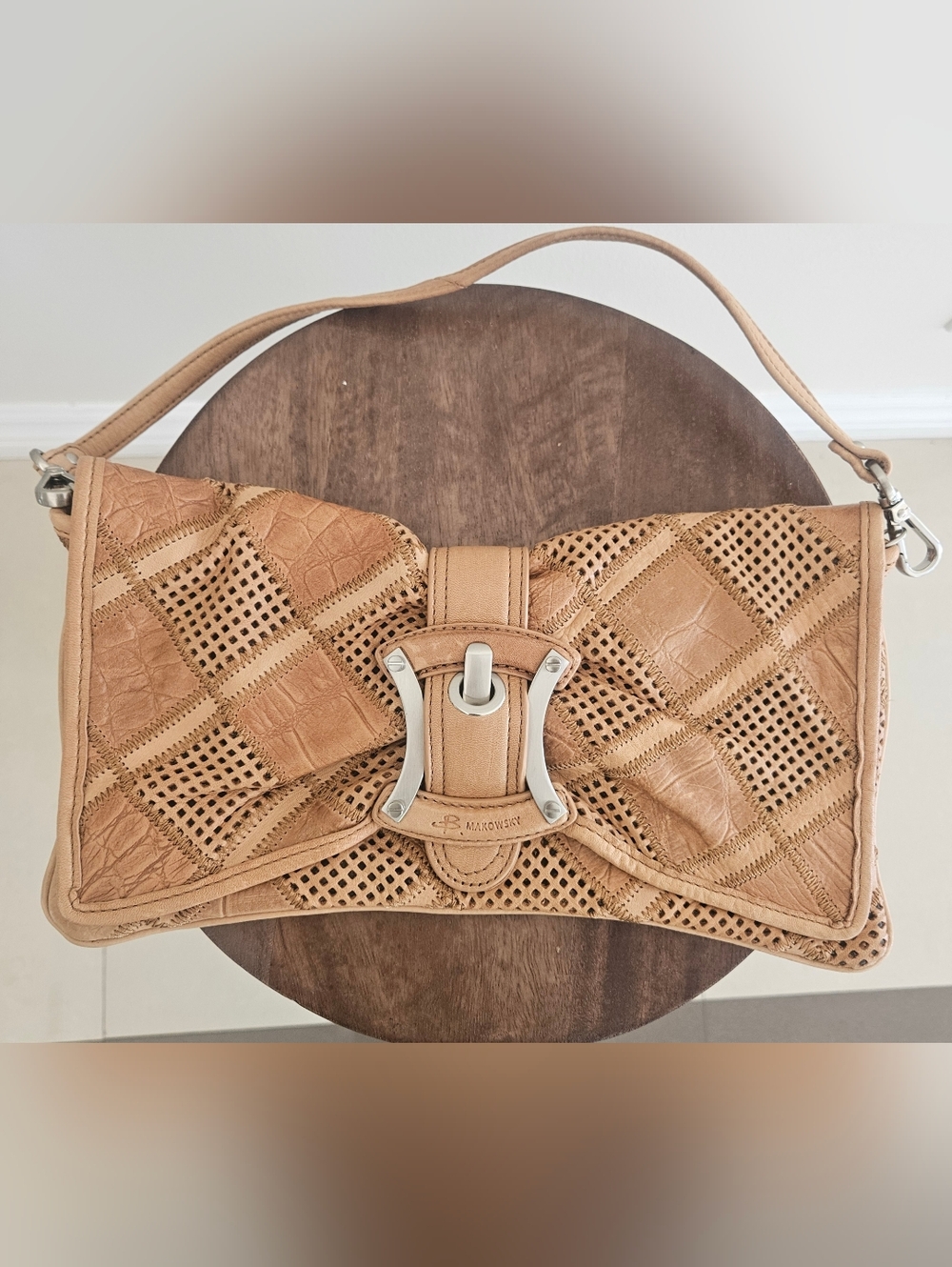 b. makowsky Tan Perforated Leather Shoulder Bag